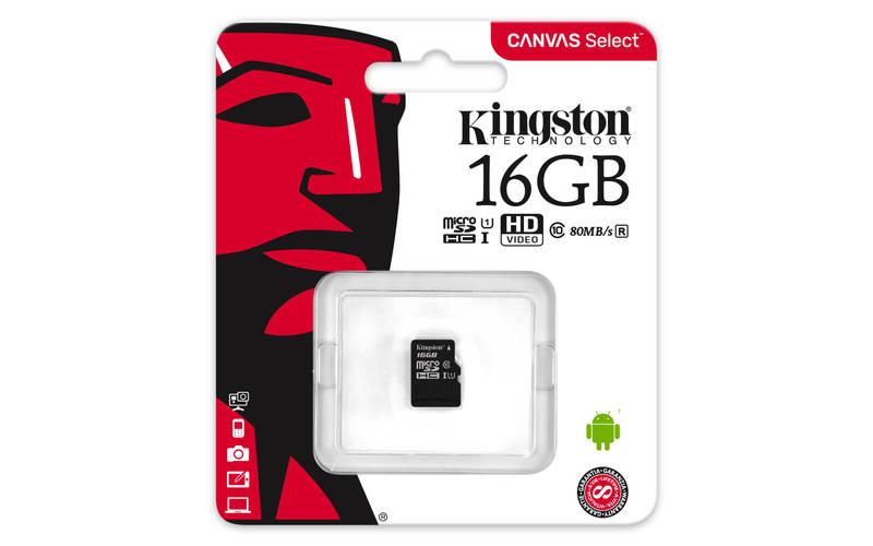 Paměťová karta Kingston Canvas Select MicroSDHC 16GB UHS-I U1, Paměťová, karta, Kingston, Canvas, Select, MicroSDHC, 16GB, UHS-I, U1