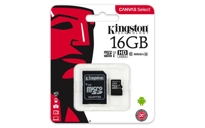 Paměťová karta Kingston Canvas Select MicroSDHC 16GB UHS-I U1 adapter, Paměťová, karta, Kingston, Canvas, Select, MicroSDHC, 16GB, UHS-I, U1, adapter