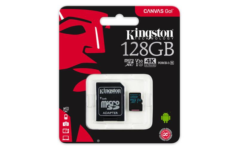 Paměťová karta Kingston Canvas Go! MicroSDXC 128GB UHS-I U3 adapter, Paměťová, karta, Kingston, Canvas, Go!, MicroSDXC, 128GB, UHS-I, U3, adapter