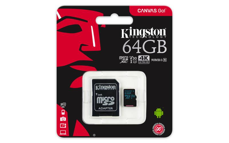 Paměťová karta Kingston Canvas Go! MicroSDXC 64GB UHS-I U3 adapter, Paměťová, karta, Kingston, Canvas, Go!, MicroSDXC, 64GB, UHS-I, U3, adapter