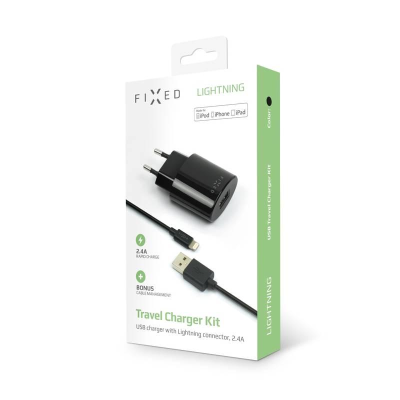 Nabíječka do sítě FIXED 1x USB, 2,4A Lightning kabel černá