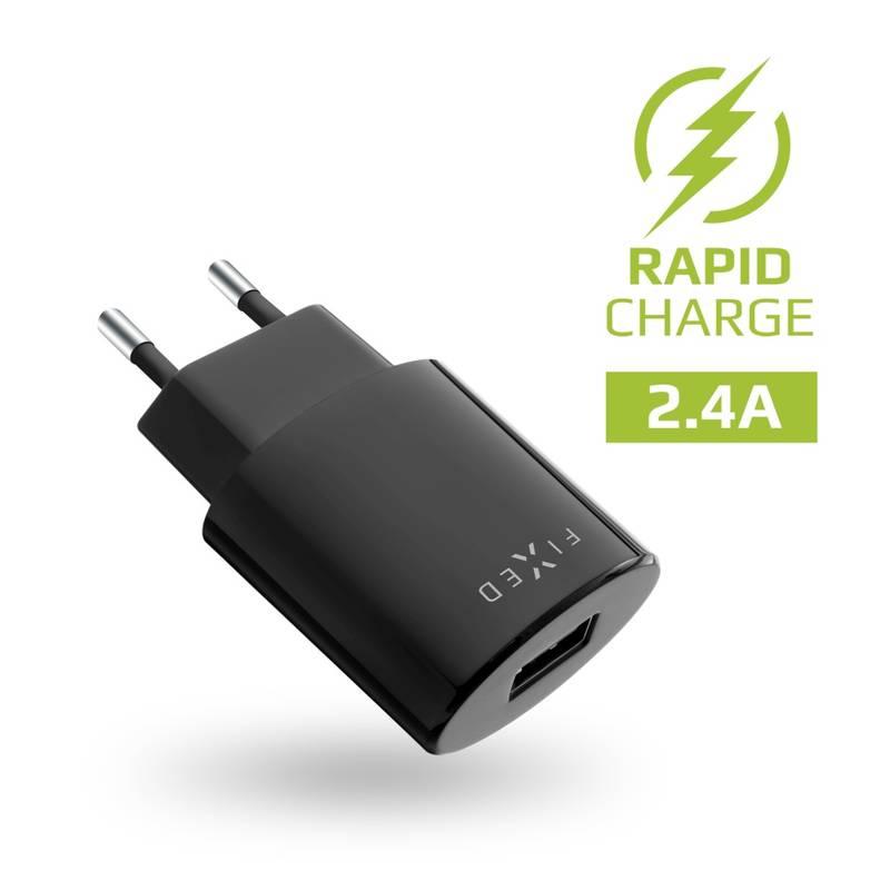 Nabíječka do sítě FIXED 1x USB, 2,4A USB-C kabel černá