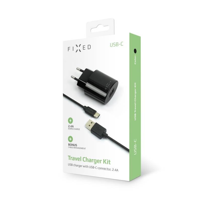Nabíječka do sítě FIXED 1x USB, 2,4A USB-C kabel černá