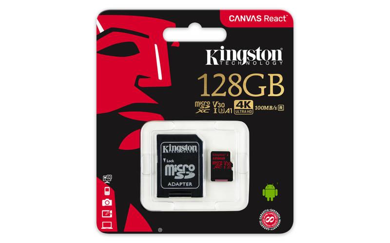 Paměťová karta Kingston Canvas React microSDXC 128GB UHS-I U3 adaptér