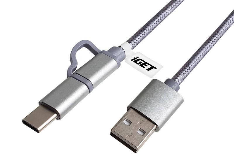 Kabel iGET USB USB-C micro USB, 1m stříbrný