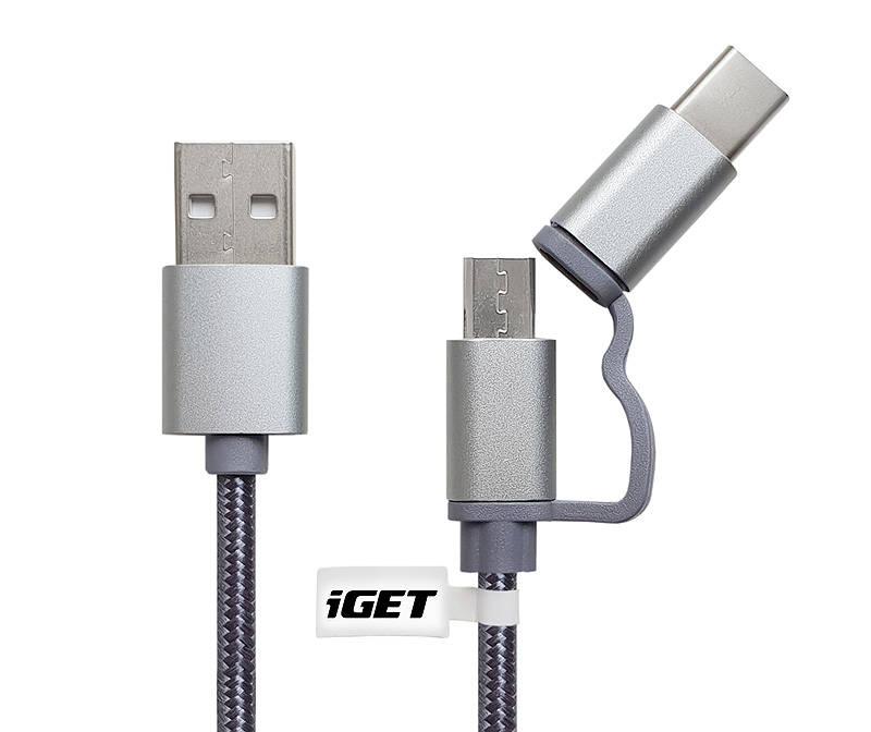 Kabel iGET USB USB-C micro USB, 1m stříbrný