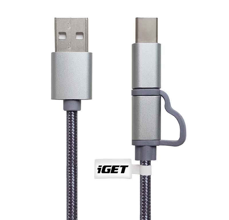 Kabel iGET USB USB-C micro USB, 1m stříbrný, Kabel, iGET, USB, USB-C, micro, USB, 1m, stříbrný