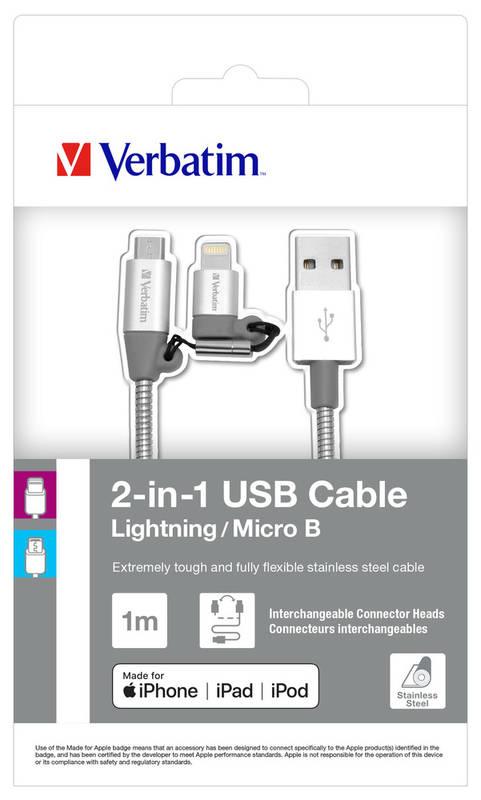 Kabel Verbatim USB micro USB lightning, 1m stříbrný