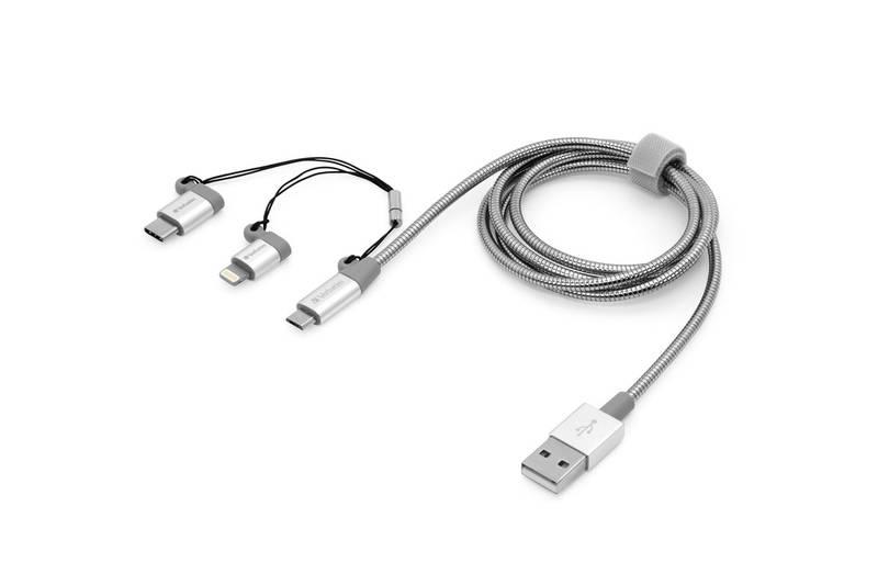 Kabel Verbatim USB micro USB USB-C Lightning, 1m stříbrný