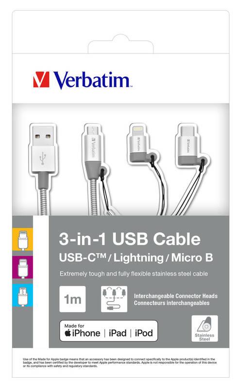 Kabel Verbatim USB micro USB USB-C Lightning, 1m stříbrný
