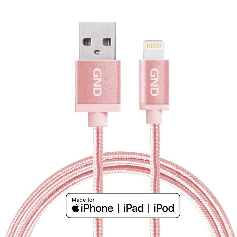 Kabel GND USB lightning MFI, 1m, opletený růžový, Kabel, GND, USB, lightning, MFI, 1m, opletený, růžový