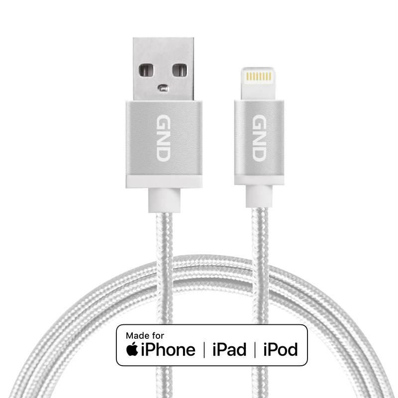 Kabel GND USB lightning MFI, 1m, opletený stříbrný