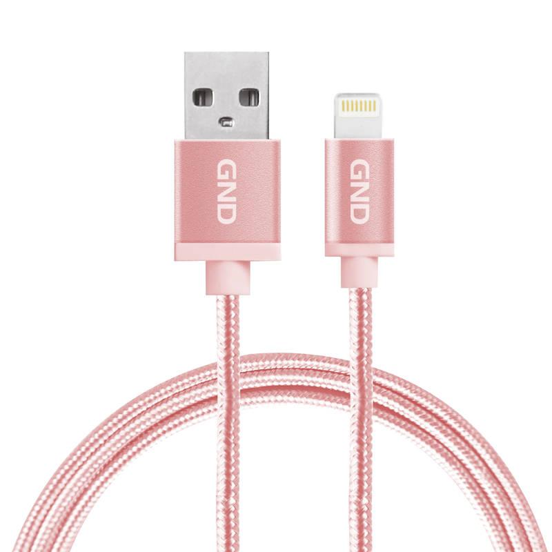 Kabel GND USB lightning MFI, 2m, opletený růžový, Kabel, GND, USB, lightning, MFI, 2m, opletený, růžový