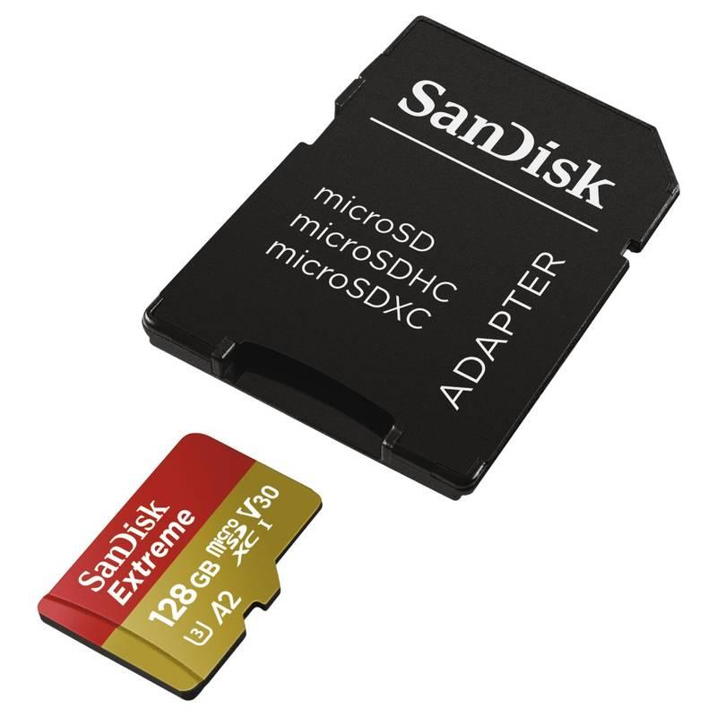 Paměťová karta Sandisk Micro SDXC Extreme 128GB, A2, pro akční kamery, UHS-I U3 adapter
