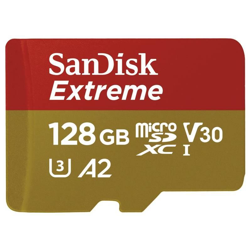 Paměťová karta Sandisk Micro SDXC Extreme 128GB, A2, pro akční kamery, UHS-I U3 adapter