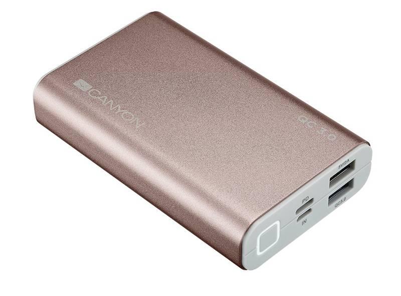 Powerbank Canyon 10000mAh, USB-C, QC 3.0 růžová