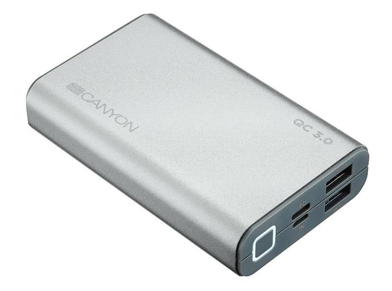 Powerbank Canyon 10000mAh, USB-C, QC 3.0 stříbrná
