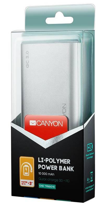 Powerbank Canyon 10000mAh, USB-C, QC 3.0 stříbrná, Powerbank, Canyon, 10000mAh, USB-C, QC, 3.0, stříbrná