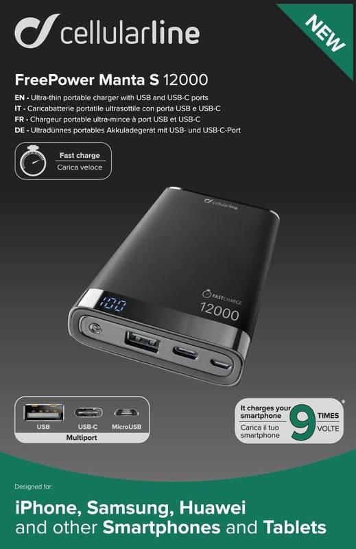 Powerbank CellularLine Freepower Manta, 12000mAh, USB-C černá