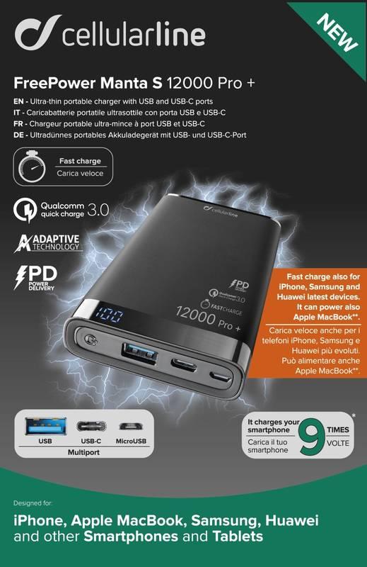 Powerbank CellularLine Freepower Manta Pro 12000mAh, QC 3.0, USB-C černá