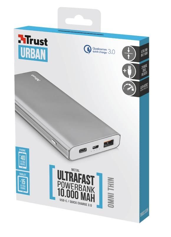 Powerbank Trust Omni Thin 10000mAh, USB-C, QC 3.0 stříbrná