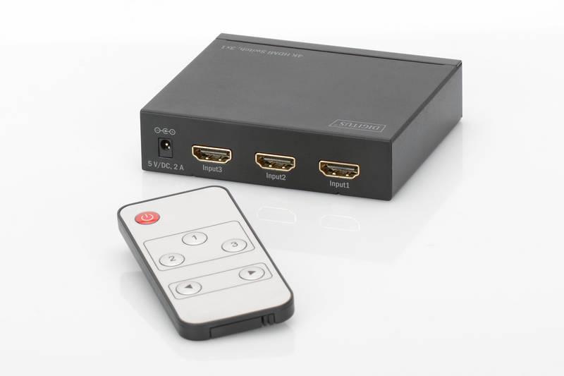 HDMI přepínač Digitus 3x1, podpora 4K dálkové ovládání černý, HDMI, přepínač, Digitus, 3x1, podpora, 4K, dálkové, ovládání, černý