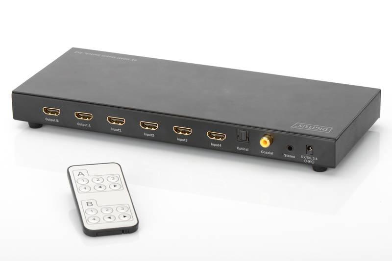 HDMI přepínač Digitus 4x2, maticový, podpora 4K dálkové ovládání černý, HDMI, přepínač, Digitus, 4x2, maticový, podpora, 4K, dálkové, ovládání, černý