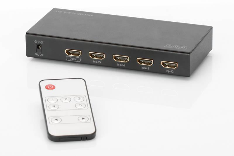 HDMI přepínač Digitus 5x1, podpora 4K dálkové ovládání černý, HDMI, přepínač, Digitus, 5x1, podpora, 4K, dálkové, ovládání, černý