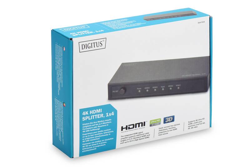 HDMI rozbočovač Digitus 1x4, podpora 4K černý, HDMI, rozbočovač, Digitus, 1x4, podpora, 4K, černý