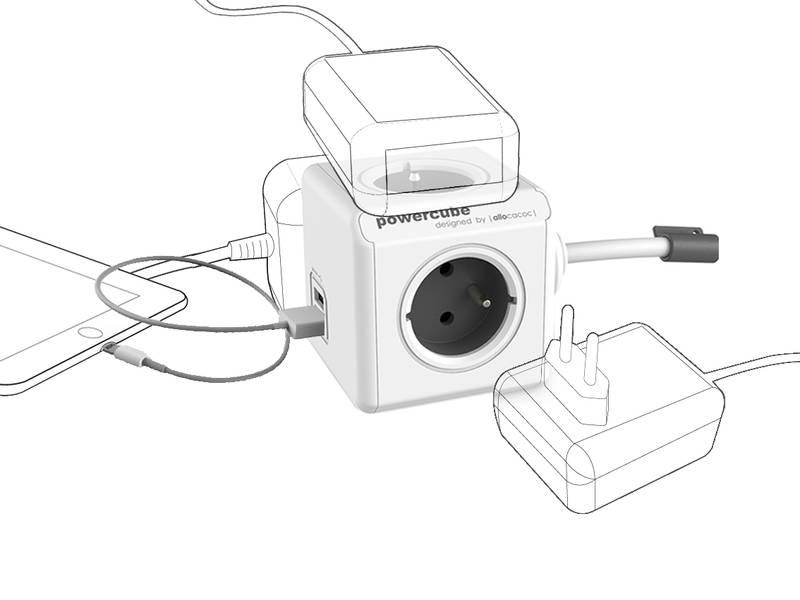 Kabel prodlužovací Powercube Extended USB, 4x zásuvka, 2x USB, 1,5m šedý bílý