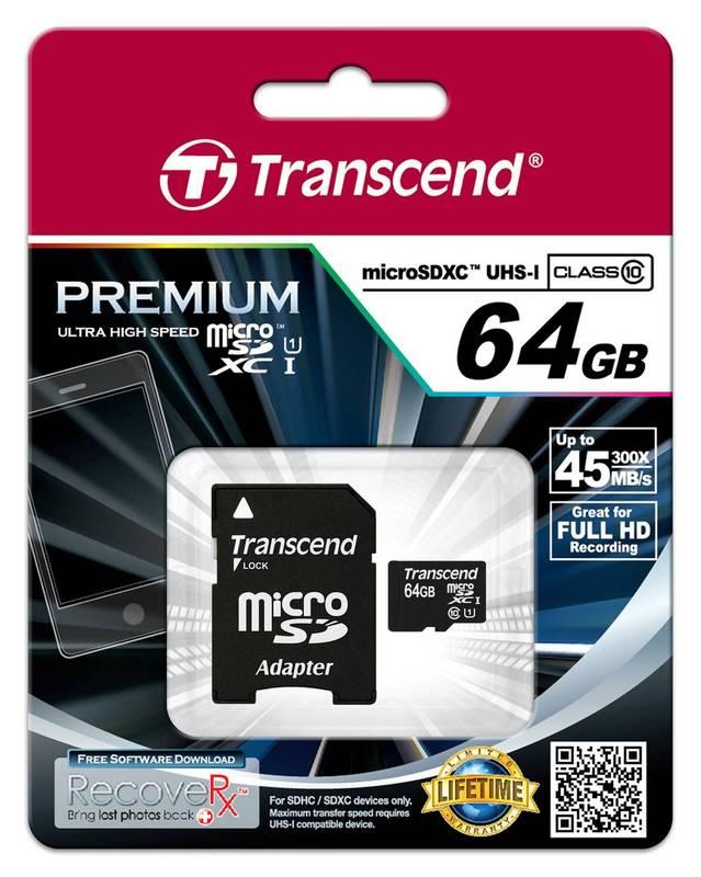 Paměťová karta Transcend MicroSDXC Premium 64GB UHS-I U1 adapter