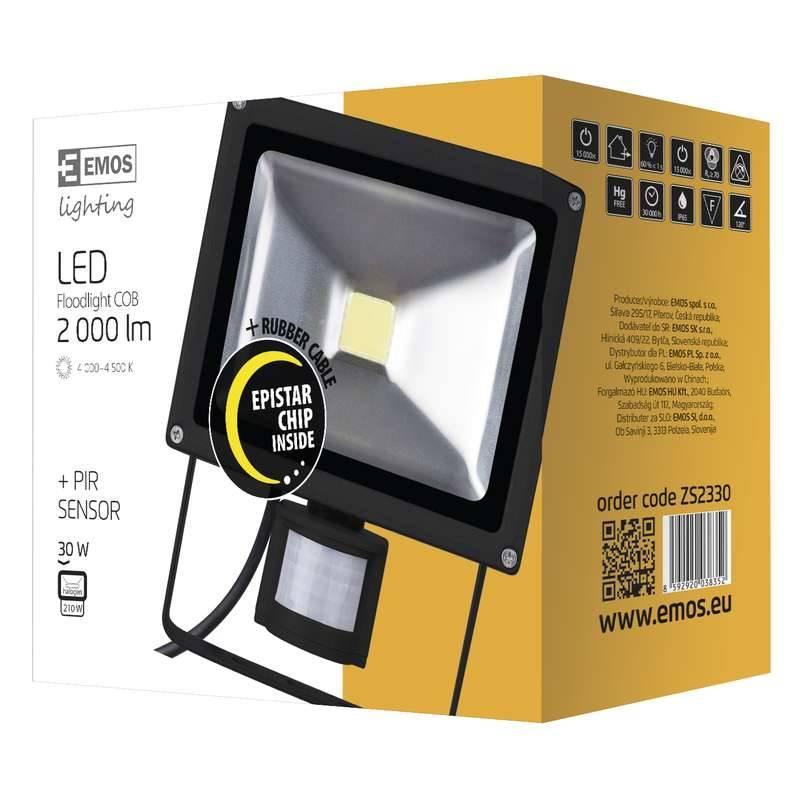 LED reflektor EMOS HOBBY, 50W, neutrální bílá, 3200lm, se senzorem černý