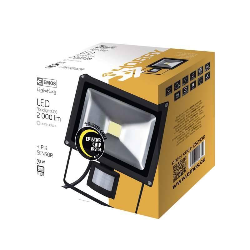 LED reflektor EMOS HOBBY, 50W, neutrální bílá, 3200lm, se senzorem černý