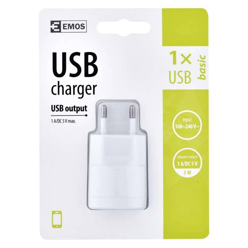 Nabíječka do sítě EMOS Basic, 1x USB, 1A max. bílá