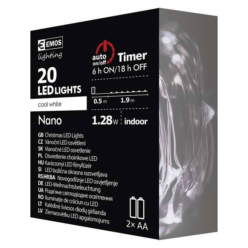 Vánoční osvětlení EMOS 20 LED řetěz nano 2xAA, 1,9m studená bílá, časovač