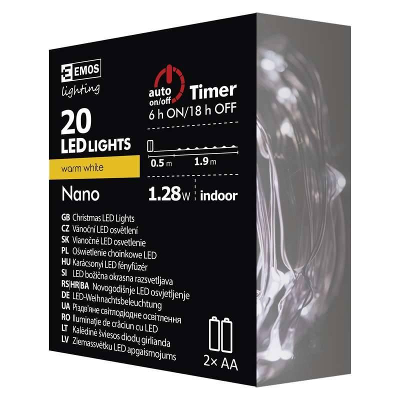Vánoční osvětlení EMOS 20 LED řetěz nano 2xAA, 1,9m, teplá bílá, časovač