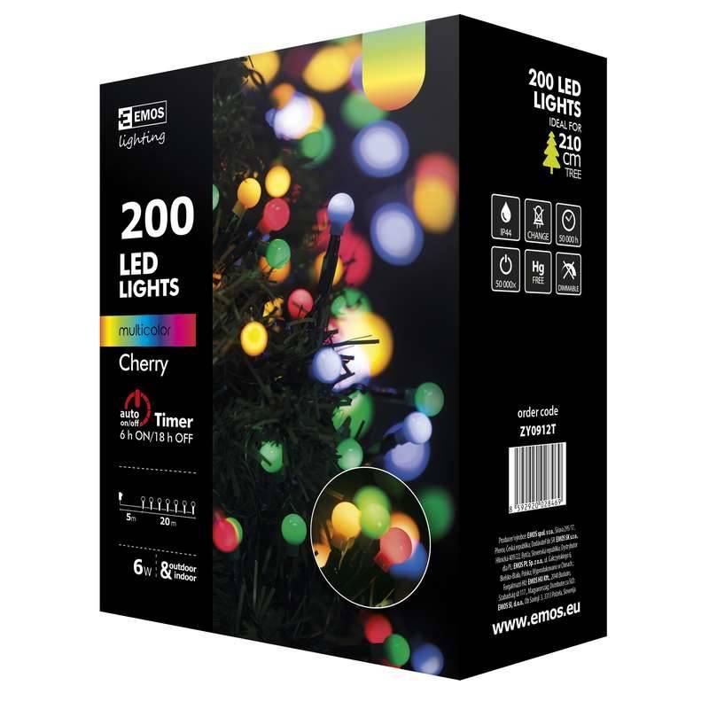 Vánoční osvětlení EMOS 200 LED, 20m, řetěz , vícebarevná, časovač, i venkovní použití