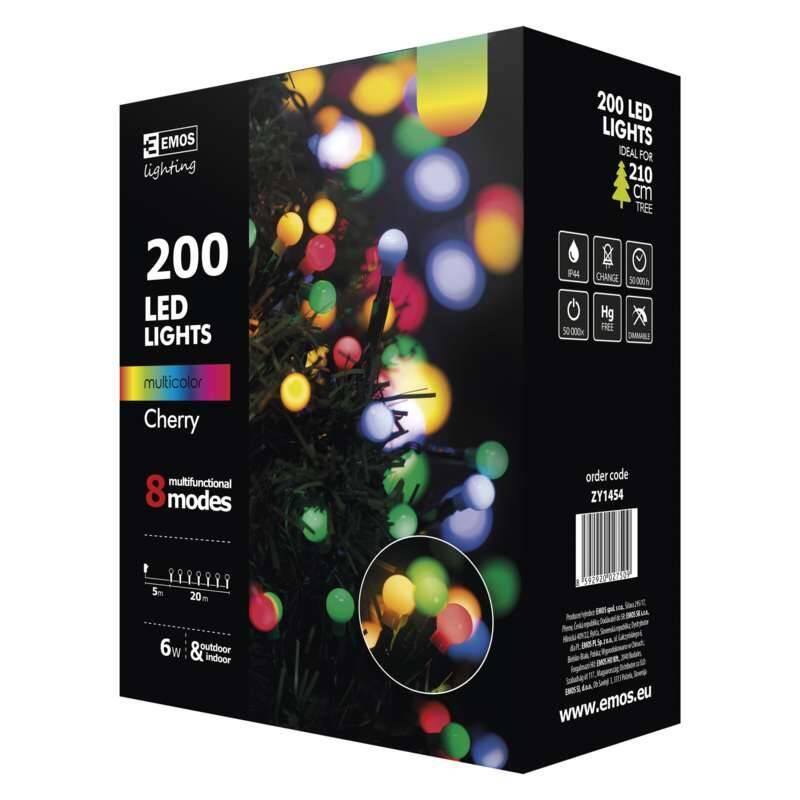 Vánoční osvětlení EMOS 200 LED vánoční cherry řetěz, kuličky, 20m, multicolor, programy