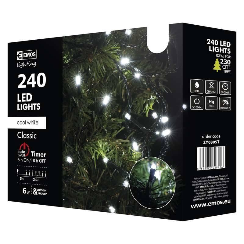 Vánoční osvětlení EMOS 240 LED, 24m, řetěz, studená bílá, časovač, i venkovní použití