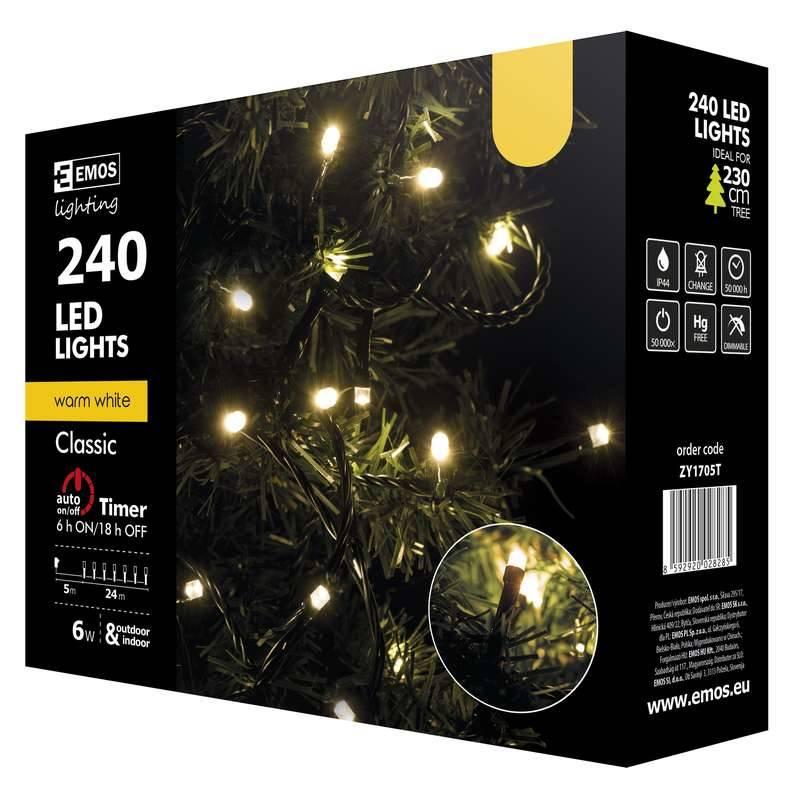 Vánoční osvětlení EMOS 240 LED, 24m, řetěz, teplá bílá, časovač, i venkovní použití