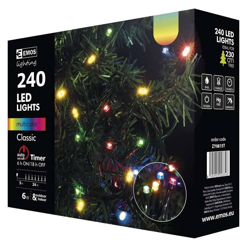 Vánoční osvětlení EMOS 240 LED, 24m, řetěz, vícebarevná, časovač, i venkovní použití