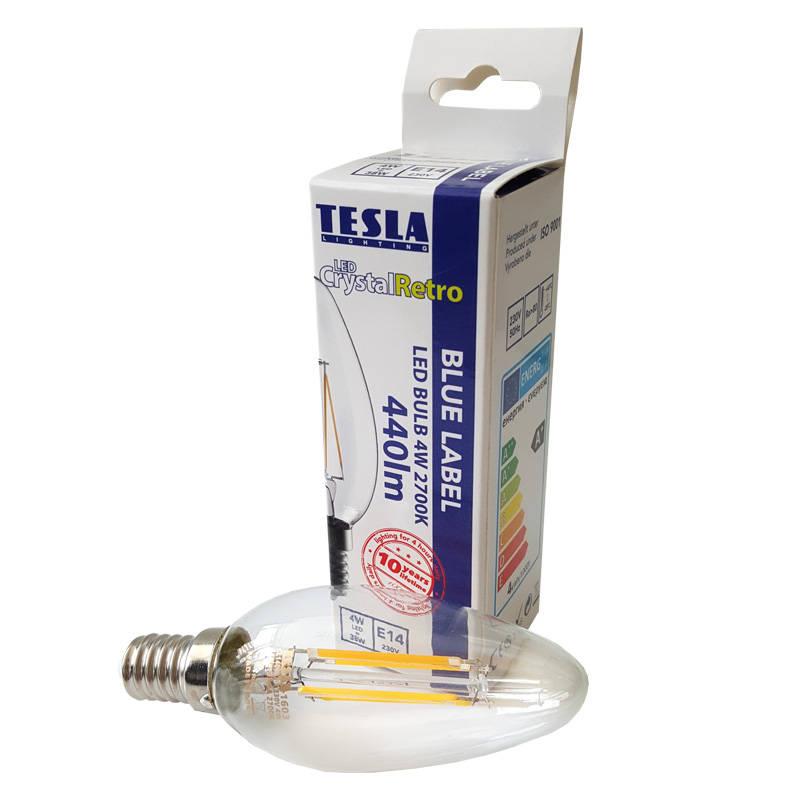 Žárovka LED Tesla Crystal Retro svíčka, 4W, E14, teplá bílá