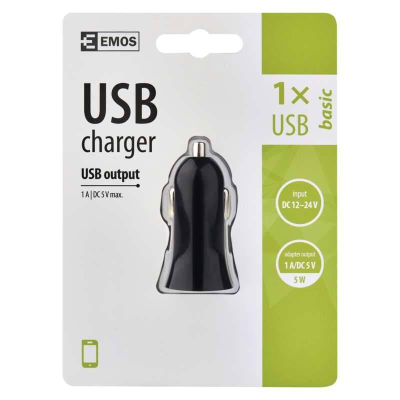 Adaptér do auta EMOS 1x USB, 1A max. černý