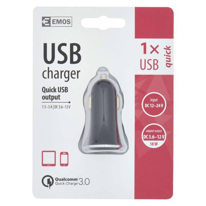 Adaptér do auta EMOS 1x USB, QC 3.0, 3A max černý