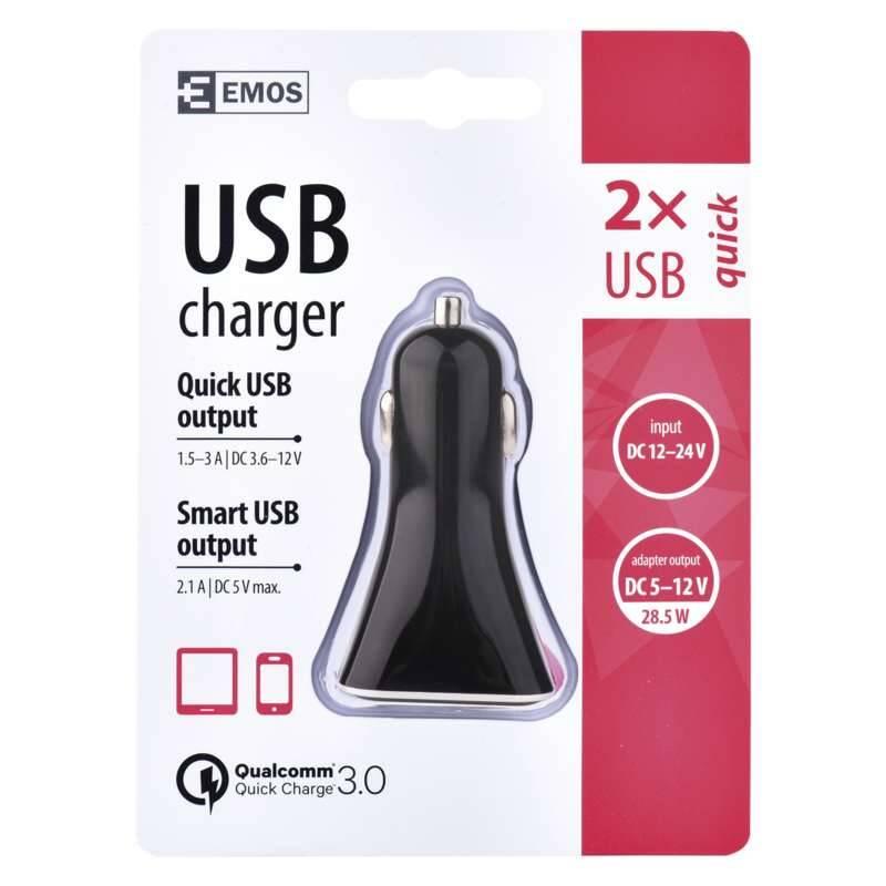 Adaptér do auta EMOS 2x USB, QC 3.0, 3A max. černý