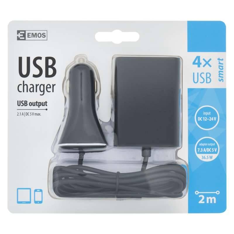 Adaptér do auta EMOS 4x USB, 7,3A max., kabelový černý