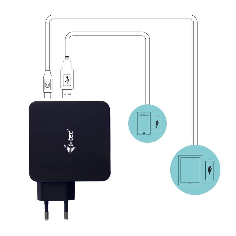 Napájecí adaptér i-tec 60W, USB-C, 1,8m, USB-A 12W černý