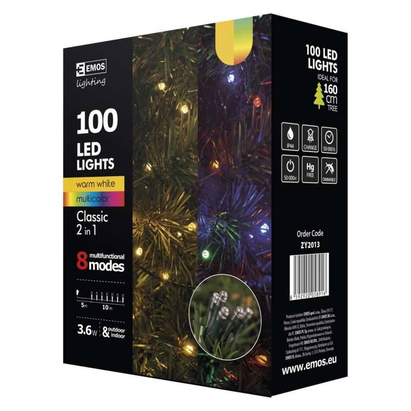 Vánoční osvětlení EMOS 100 LED řetěz, 10m, teplá bílá multicolor, programy