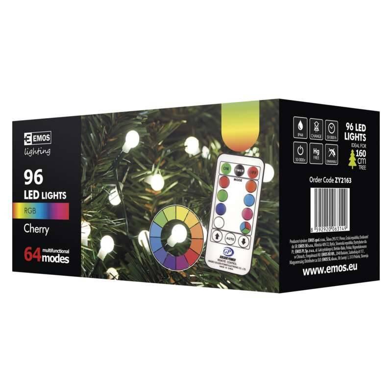 Vánoční osvětlení EMOS 96 LED 10m, řetěz – kuličky, červ. zel. mod., ovladač, programy