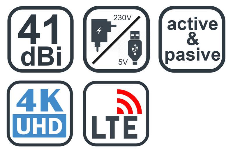 Anténa pokojová Evolveo Xany 2C LTE 230 5V, 41dBi aktivní pokojová DVB-T T2, LTE filtr